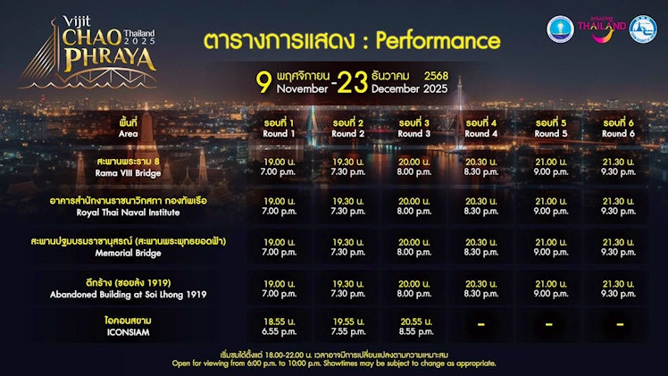 ตารางการแสดงสำหรับงาน Vijit Chao Phraya 2025 วันที่: 9 พฤศจิกายน 2568 - 23 ธันวาคม 2568