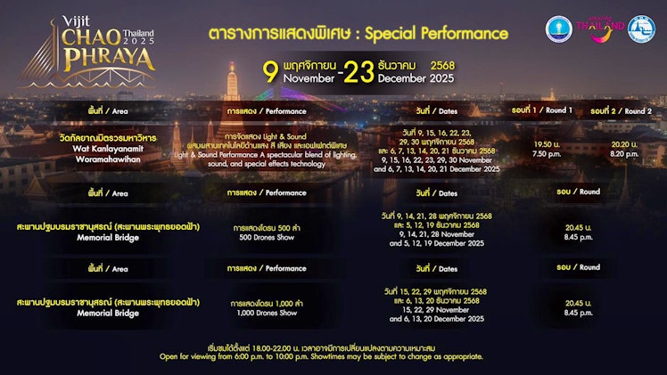 ตารางการแสดงพิเศษสำหรับงาน Vijit Chao Phraya 2025 วันที่: 9 พฤศจิกายน 2568 - 23 ธันวาคม 2568