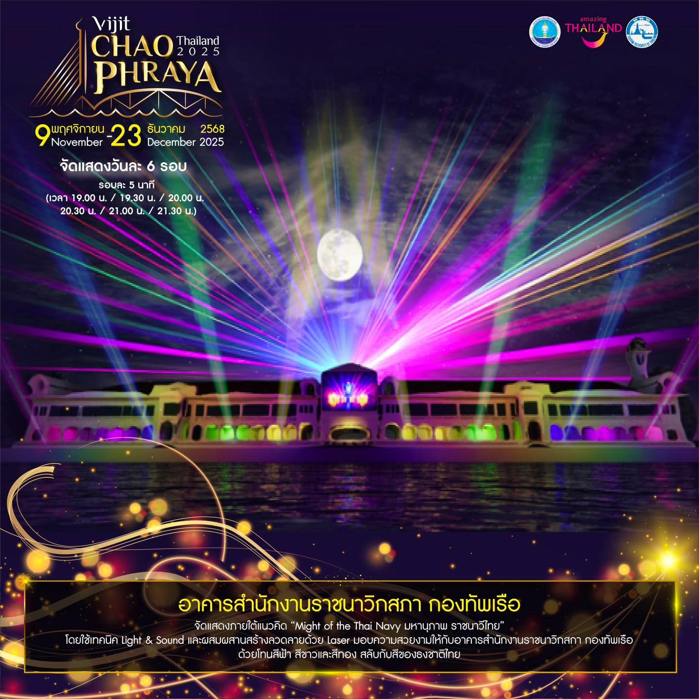 อาคารสำนักงานราชนาวิกสภา กองทัพเรือ มหานุภาพ ราชนาวีไทย เทคนิคผสมผสานลวดลายด้วย Laser โทนสีฟ้า ขาว ทอง สลับกับ สีธงชาติไทย