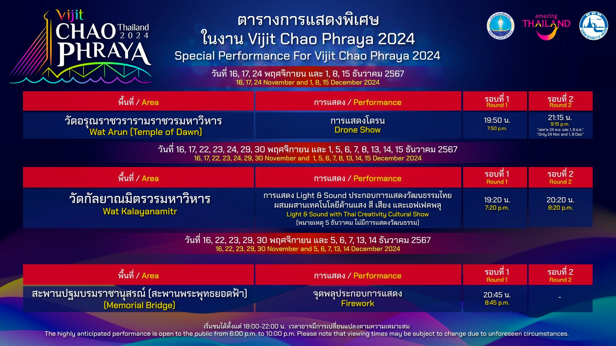 ตารางการแสดงพิเศษสำหรับงาน Vijit Chao Phraya 2024 วันที่: 16, 17, 24 พฤศจิกายน และ 1, 8, 15 ธันวาคม 2567